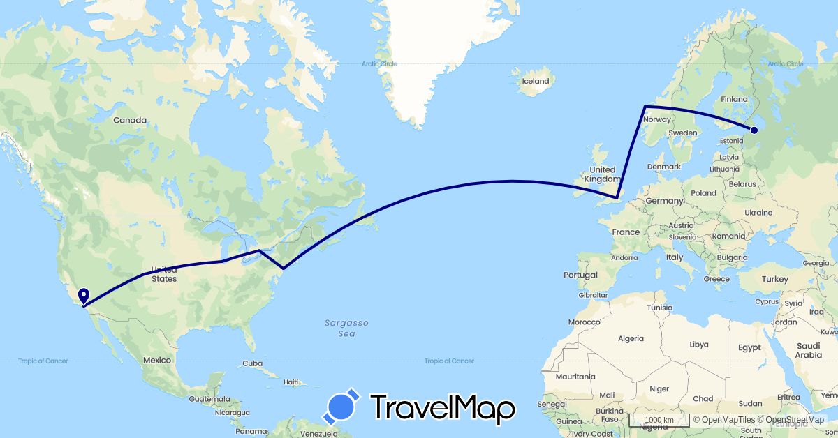 TravelMap itinerary: driving in Canada, United Kingdom, Norway, Russia, United States (Europe, North America)