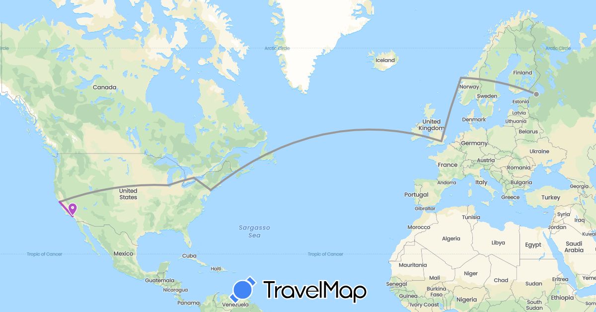 TravelMap itinerary: driving, plane, train in Canada, United Kingdom, Norway, Russia, United States (Europe, North America)